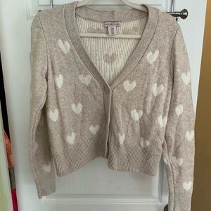 Cream Cardigan Sweater with Heart Pattern